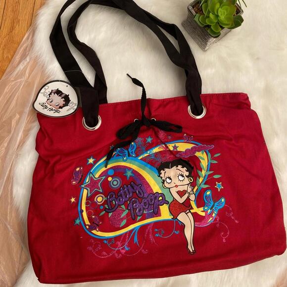 Betty Boop Handbags - Betty Boop Red Canvas Tote Bag with Black Handles